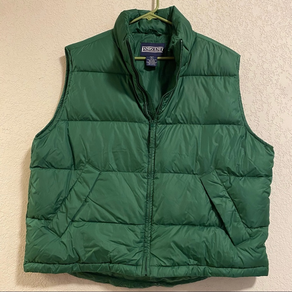 Men’s Lands End Zip Up Green Down Puffer Vest XL